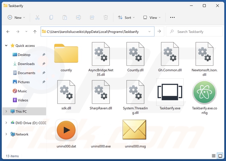 Folder instalacyjny niechcianej aplikacji Taskbarify