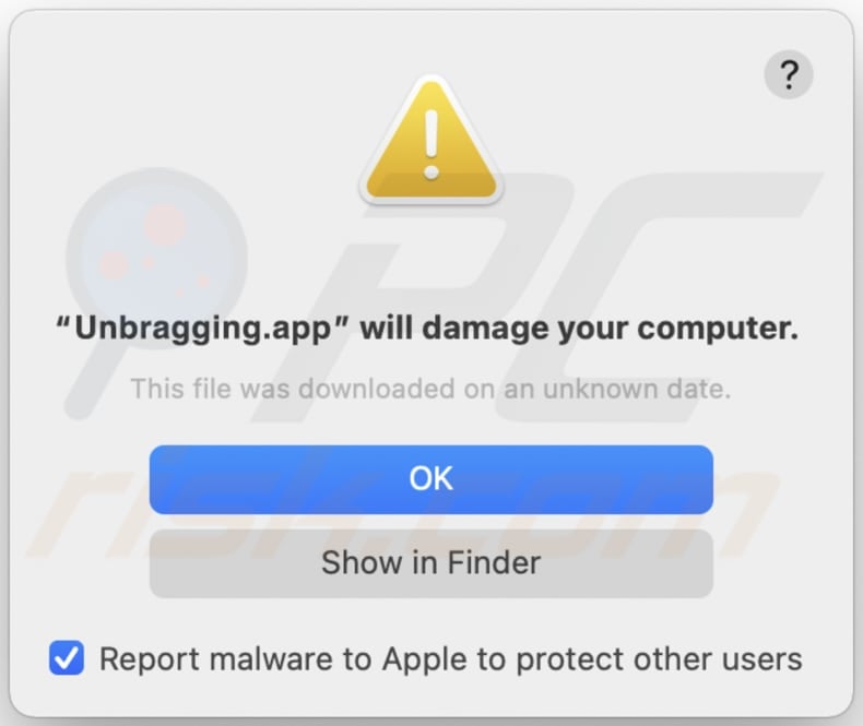 Ostrzeżenie pop-up adware Unbragging.app