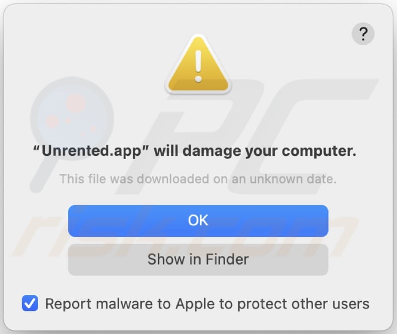 Ostrzeżenie adware Unrented.app