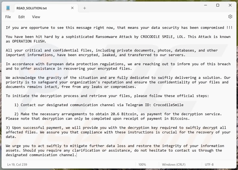 Notatka z żądaniem okupu ransomware Crocodile Smile (READ_SOLUTION.txt)