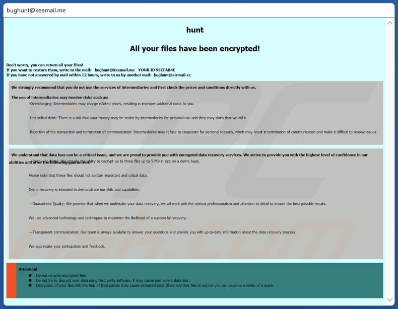 Notatka o okupie (pop-up) Hunt ransomware