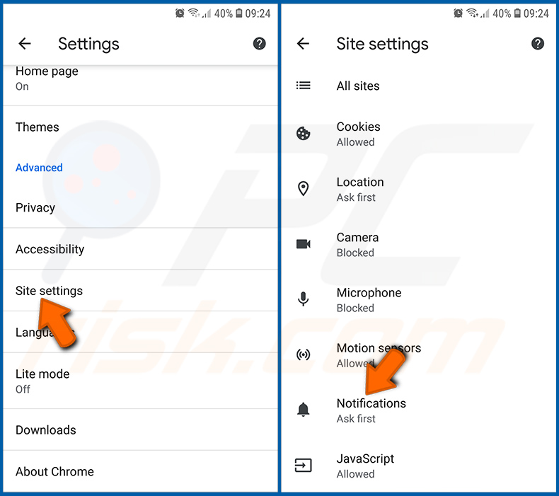 Wyłączanie powiadomień przeglądarki w przeglądarce Chrome w systemie operacyjnym Android (krok 2)