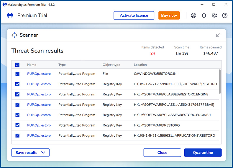 Wyniki skanowania Malwarebytes Premium