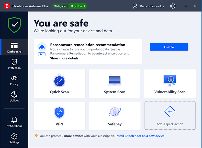 Okno początkowe Bitdefender Antivirus Plus