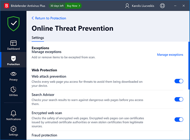 Ochrona zagrożeń online Bitdefender Antivirus Plus