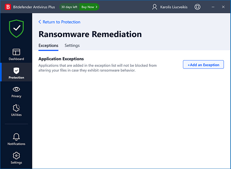Ochrona ransomware Bitdefender Antivirus Plus