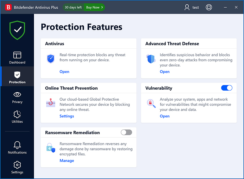 Funkcje ochrony Bitdefender Antivirus Plus
