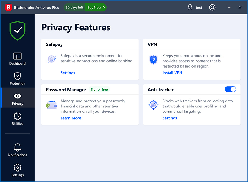 Funkcje prywatności Bitdefender Antivirus Plus