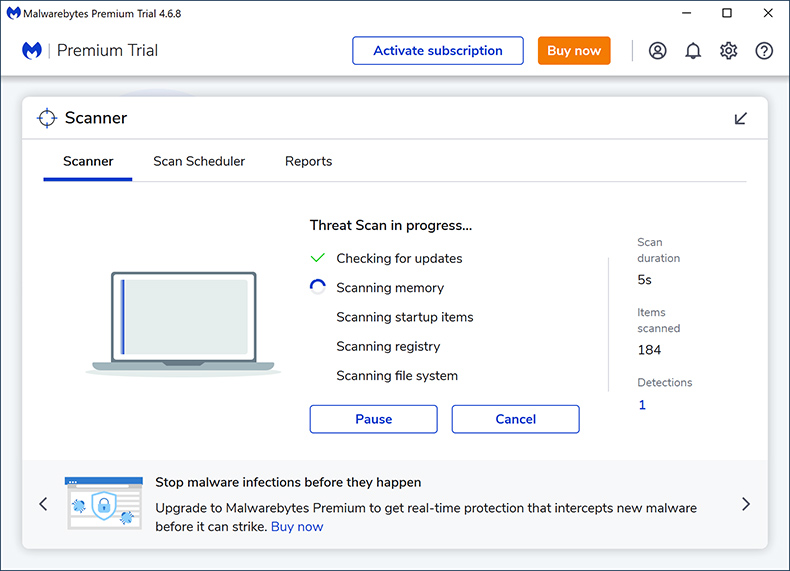 Skanowanie Malwarebytes Premium 2024