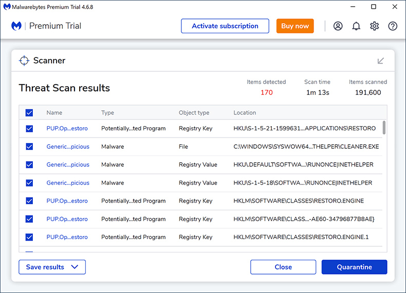 Wyniki skanowania Malwarebytes Premium 2024