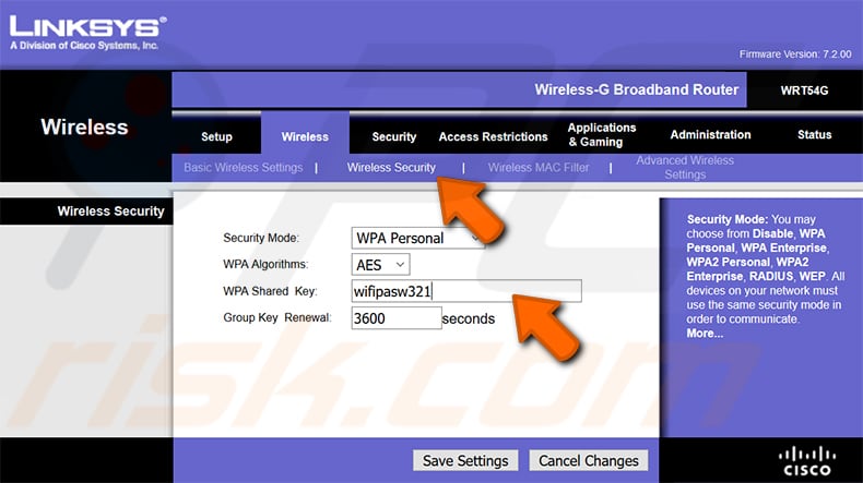 find your wi-fi password linksys wrt54g router step 2
