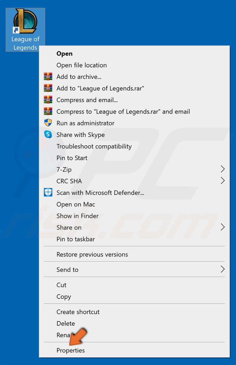 Kliknij prawym przyciskiem myszy ikonę League of Legends i kliknij Właściwości 