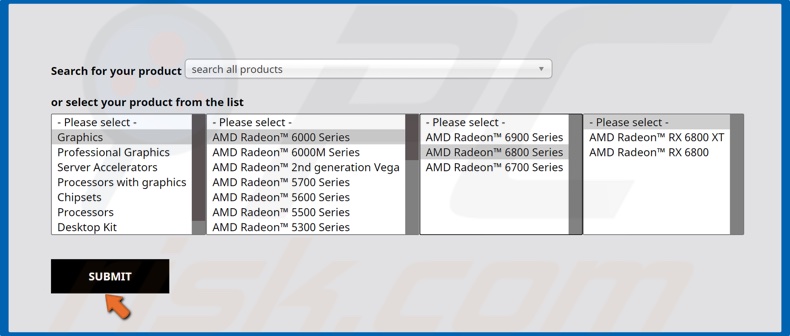 Wybierz swoją kartę graficzną AMD i kliknij Prześlij 