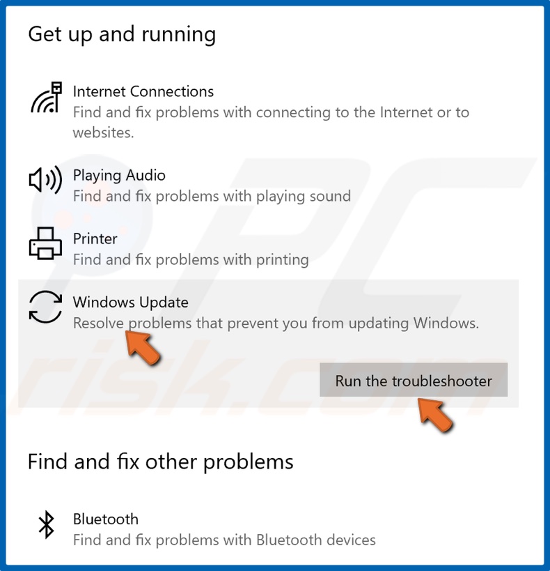 Wybierz Windows Update i uruchom narzędzie do rozwiązywania problemów 