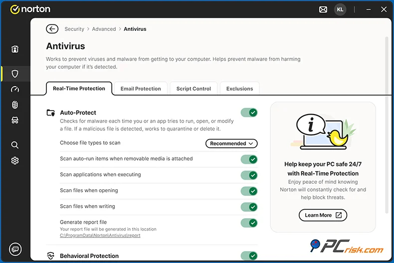 Norton antivirus dahsboard