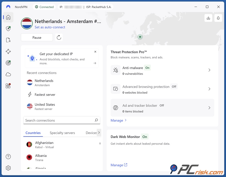 NordVPN połączony z serwerem w Holandii