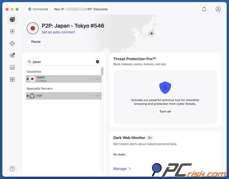 NordVPN połączony z Japonią