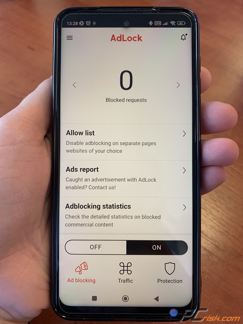 Panel główny AdLock na Androidzie