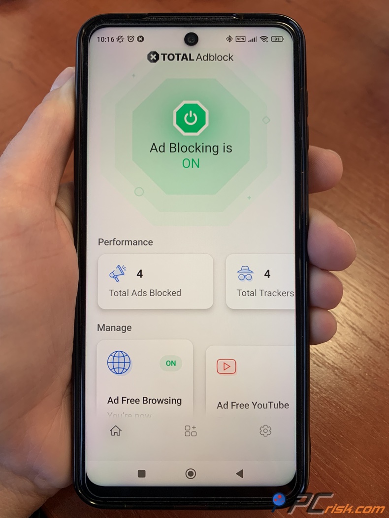 Ekran główny Total Adblock na Androidzie