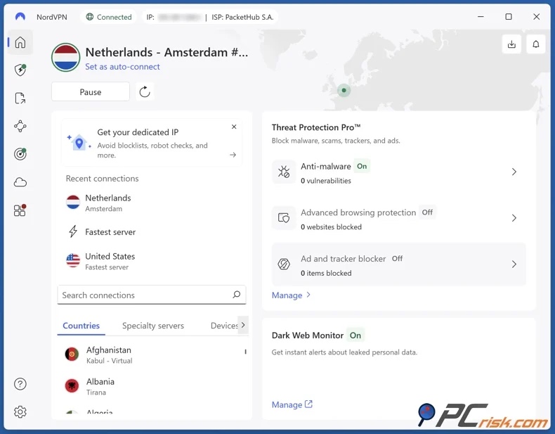 NordVPN połączony z Holandią