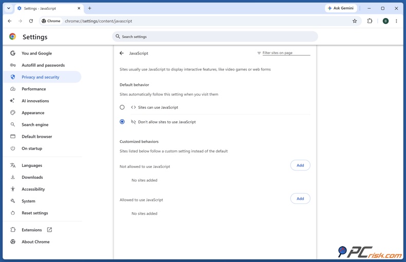 Ustawienia JavaScript w Chrome