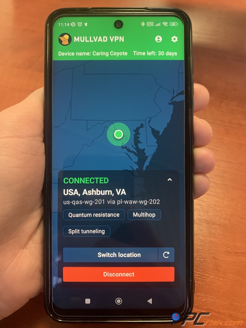 Panel Mullvad VPN na Androidzie