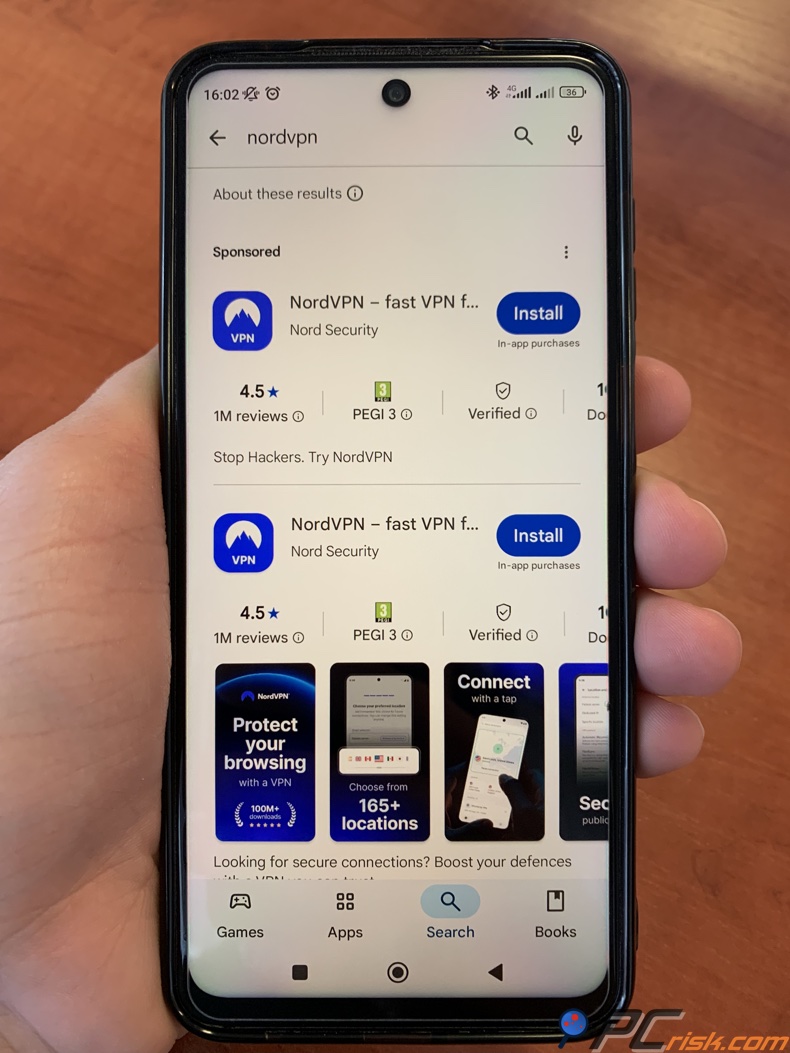 Wyszukiwanie NordVPN w Google Play Store