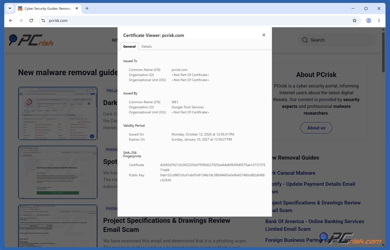 Szczegóły certyfikatu SSL w Chrome