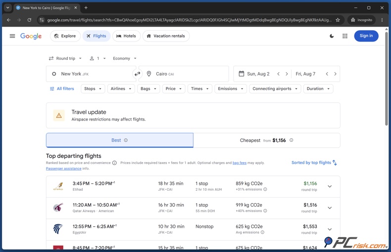 Wyniki wyszukiwania Google Flights