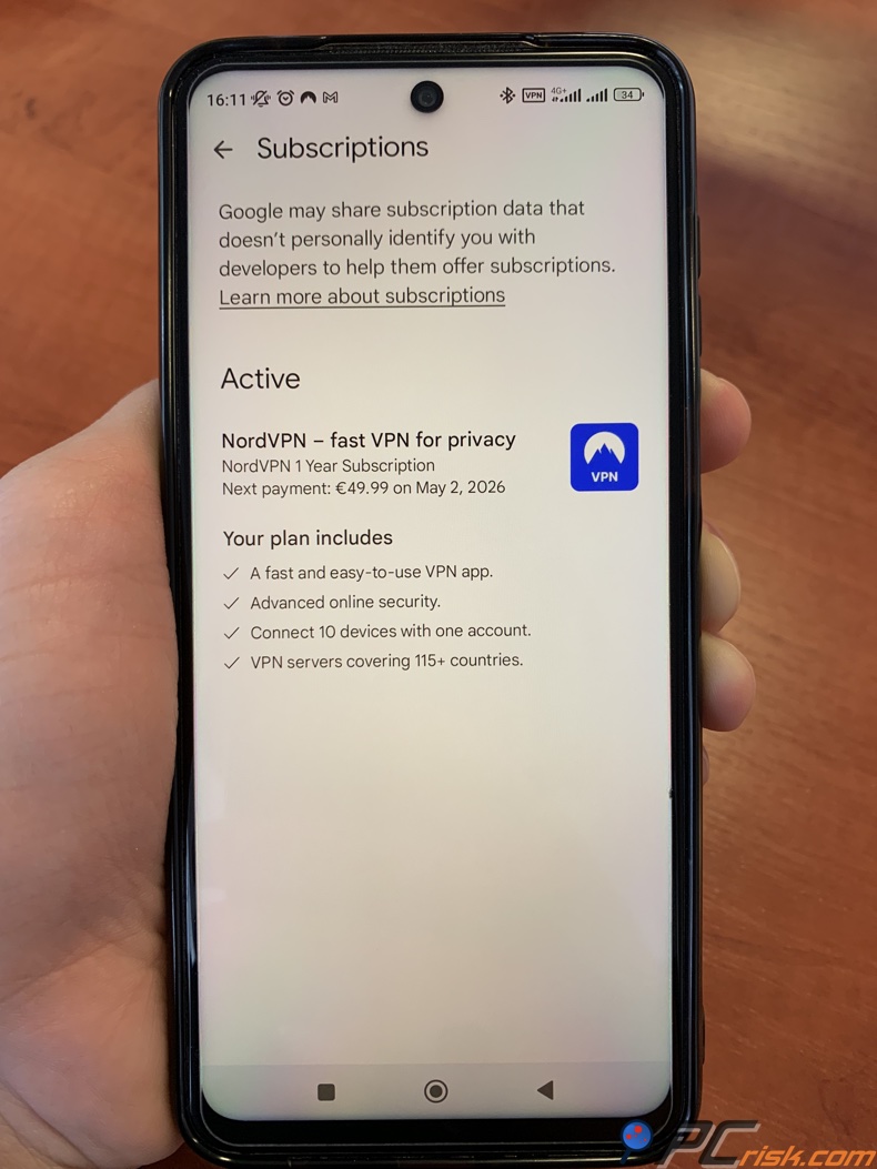 Informacje o subskrypcji NordVPN w Sklepie Google Play