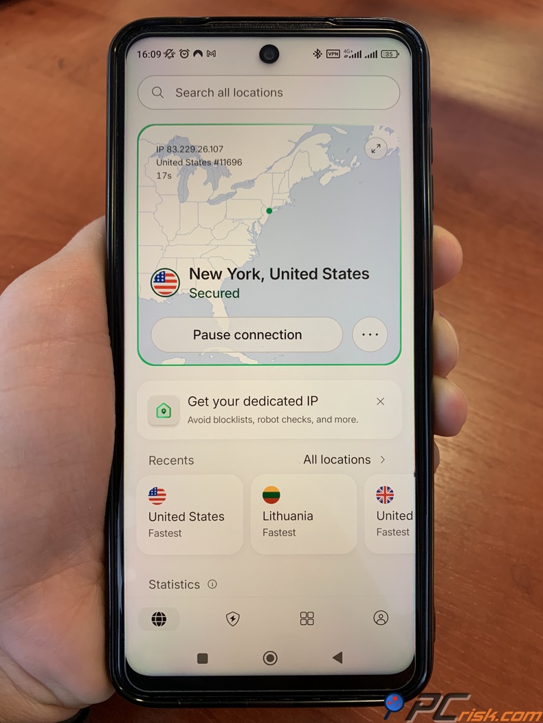 NordVPN na Androidzie połączony z serwerem w USA