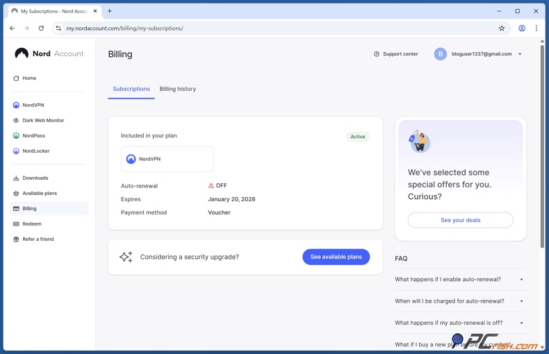 Sekcja Rozliczenia w panelu NordVPN