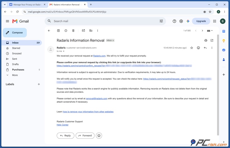 Radaris verification email