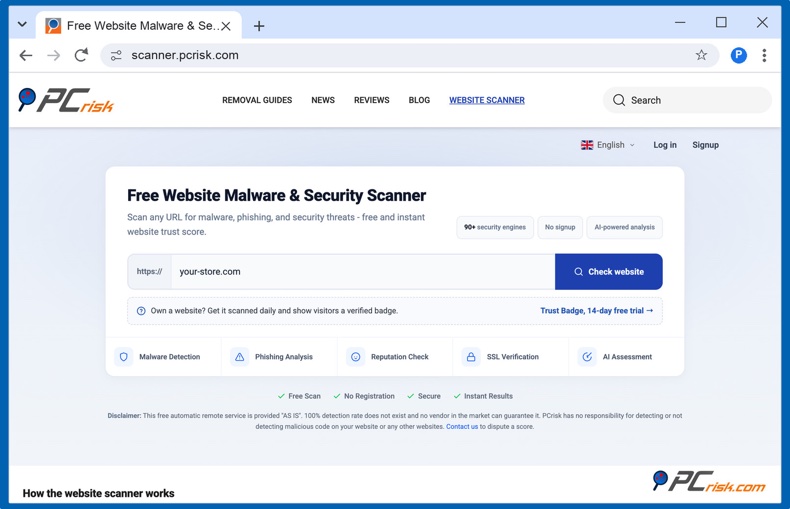 PCrisk Website Scanner skanujący sklep