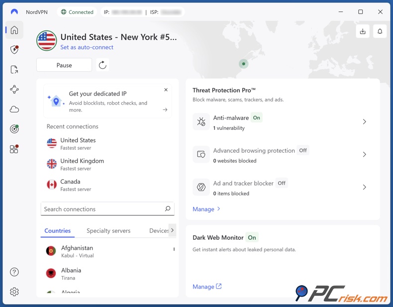NordVPN połączony z serwerem w USA
