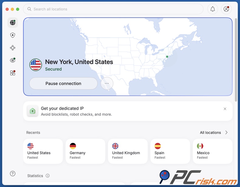NordVPN połączony z serwerem w USA