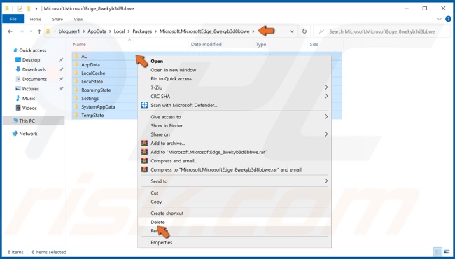 Kliknij prawym przyciskiem myszy wszystkie pliki Microsoft Edge w Appdata i kliknij Usuń 