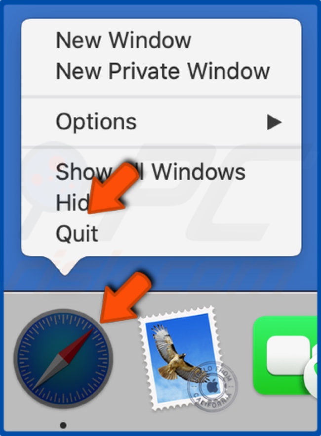Kliknij prawym przyciskiem myszy ikonę Safari w Doc i kliknij Zakończ 