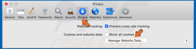Wybierz Prywatność i kliknij Zarządzaj danymi witryny 