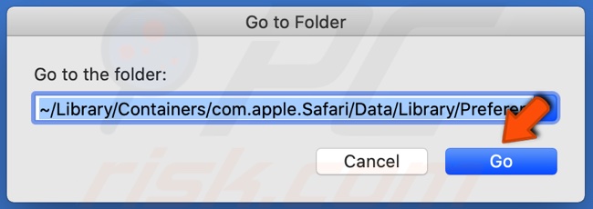 Otwórz okno Przejdź do folderu i wprowadź ścieżkę do pliku com.apple.Safari.plist 