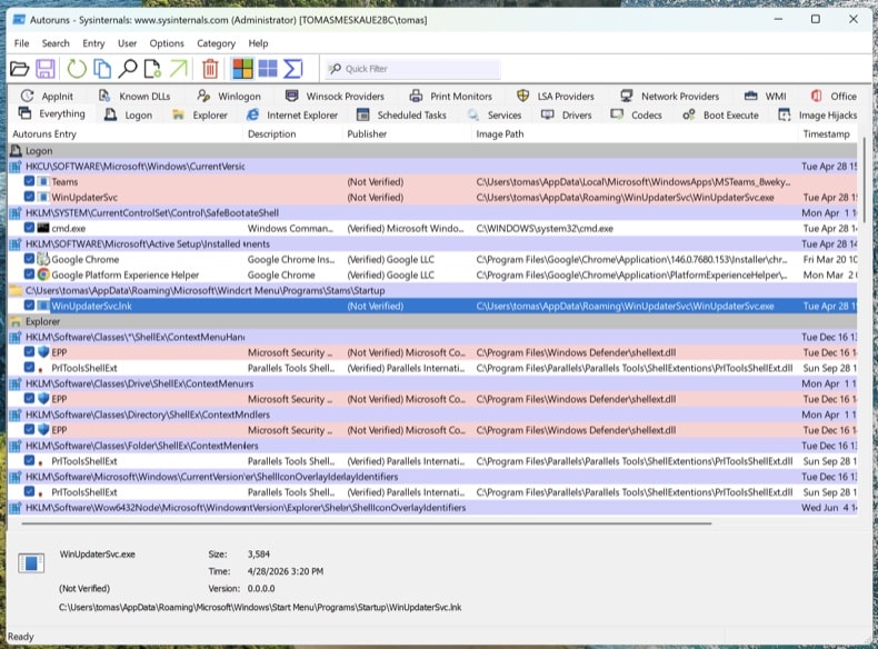 Autoruns 14.x z włączoną opcją Hide Microsoft Entries i widocznymi kartami Logon oraz Scheduled Tasks