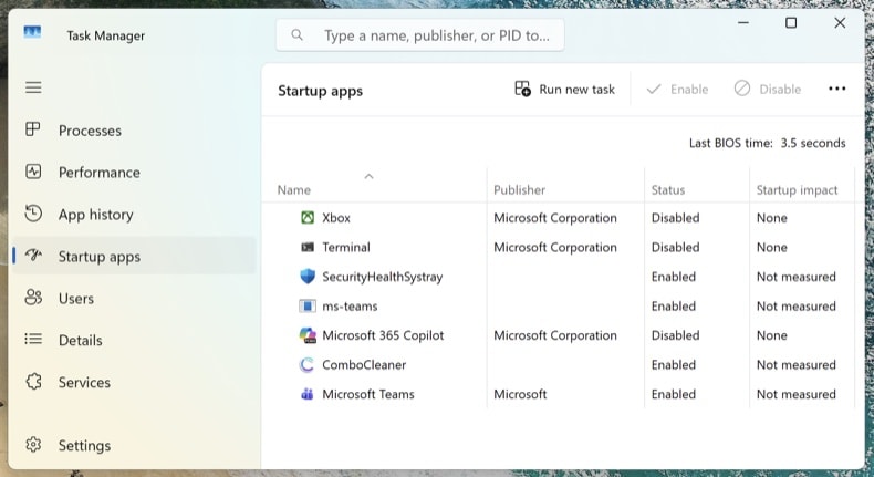 Weryfikacja usunięcia malware na karcie Aplikacje autostartu w Menedżerze zadań systemu Windows 11