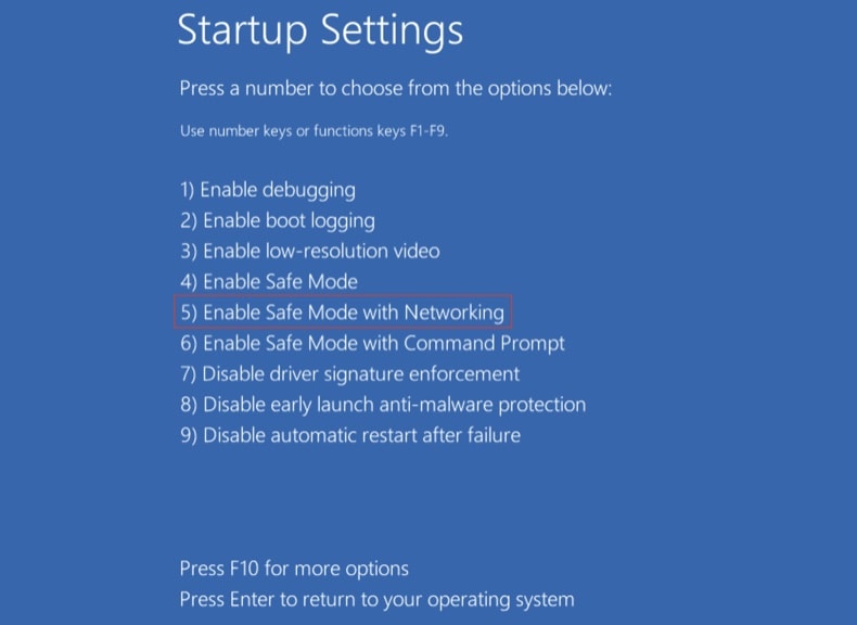 Uruchamianie systemu Windows 10 w trybie awaryjnym z obsługą sieci - naciśnij F5 na ekranie Ustawienia uruchamiania