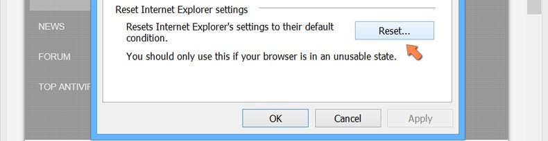 Resetowanie ustawień Internet Explorer do domyślnych na Windows 8 - kliknij przycisk Reset w zakładce zaawansowanych opcji internetowych