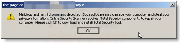 Fałszywe pop-up użyte w dystrybucji nieuczciwego programu antywirusowego przykład 1