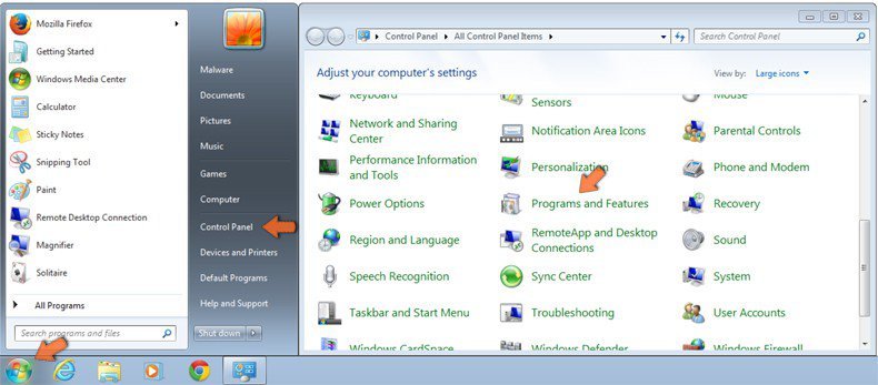 Uzyskiwanie dostępu do Programów i funkcji (deinstalacja) w Windows 7