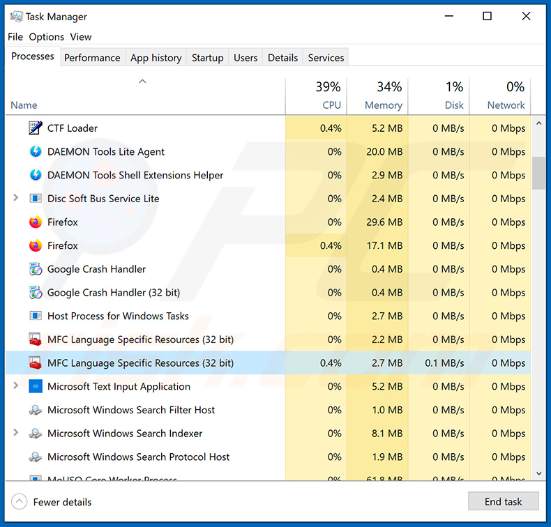 Proces malware uruchomiony w Menedżerze zadań Windows