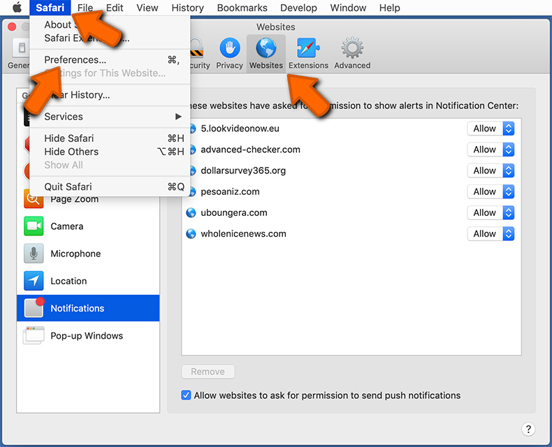 Wyłącz powiadomienia przeglądarki w Safari - macOS (krok 1)