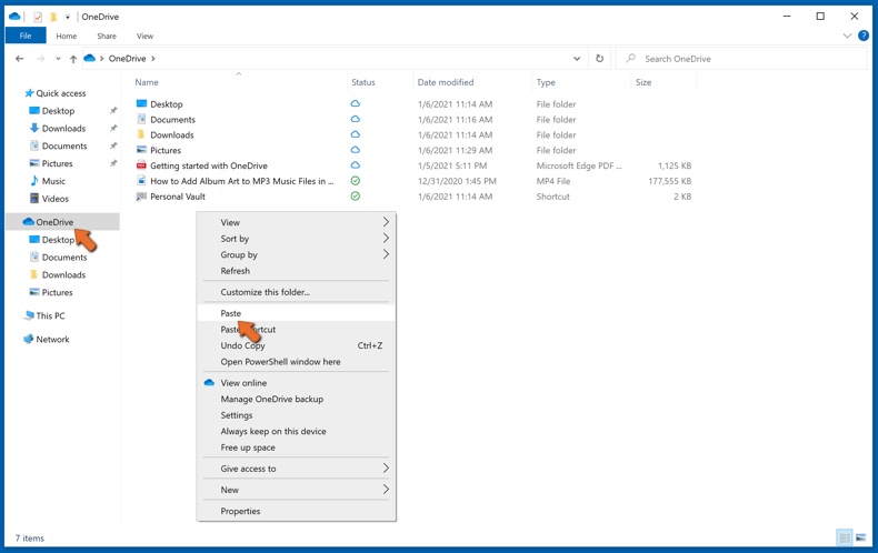 Wklej skopiowany plik do folderu OneDrive, aby utworzyć kopię zapasową
