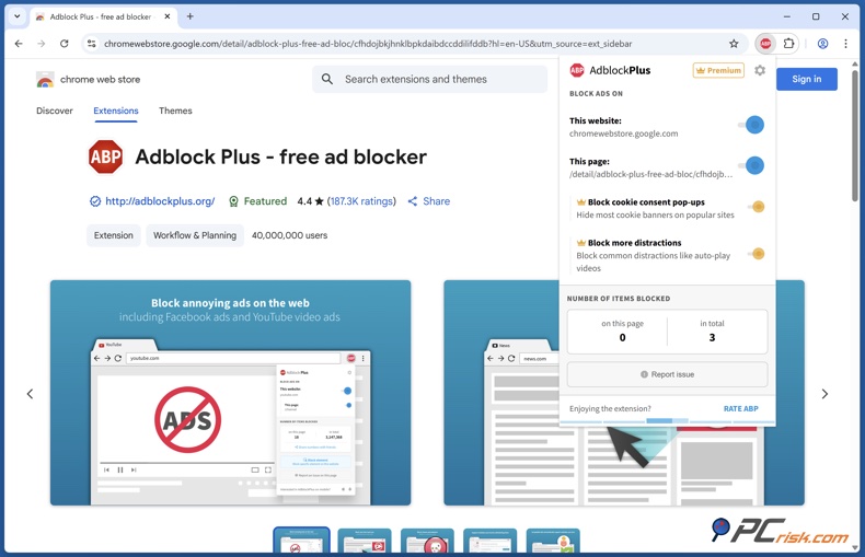 Adblock Plus Premium menu rozszerzeń